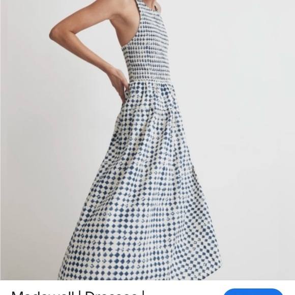 Madewell Blue and Cream Smocked Halter Midi Dress - Picture 2 of 6